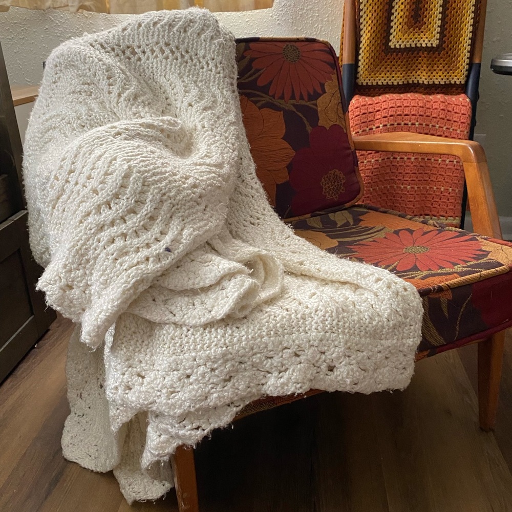 Vintage White Crocheted Afghan Throw Blanket Cottagecore Granny Handmade Yarn